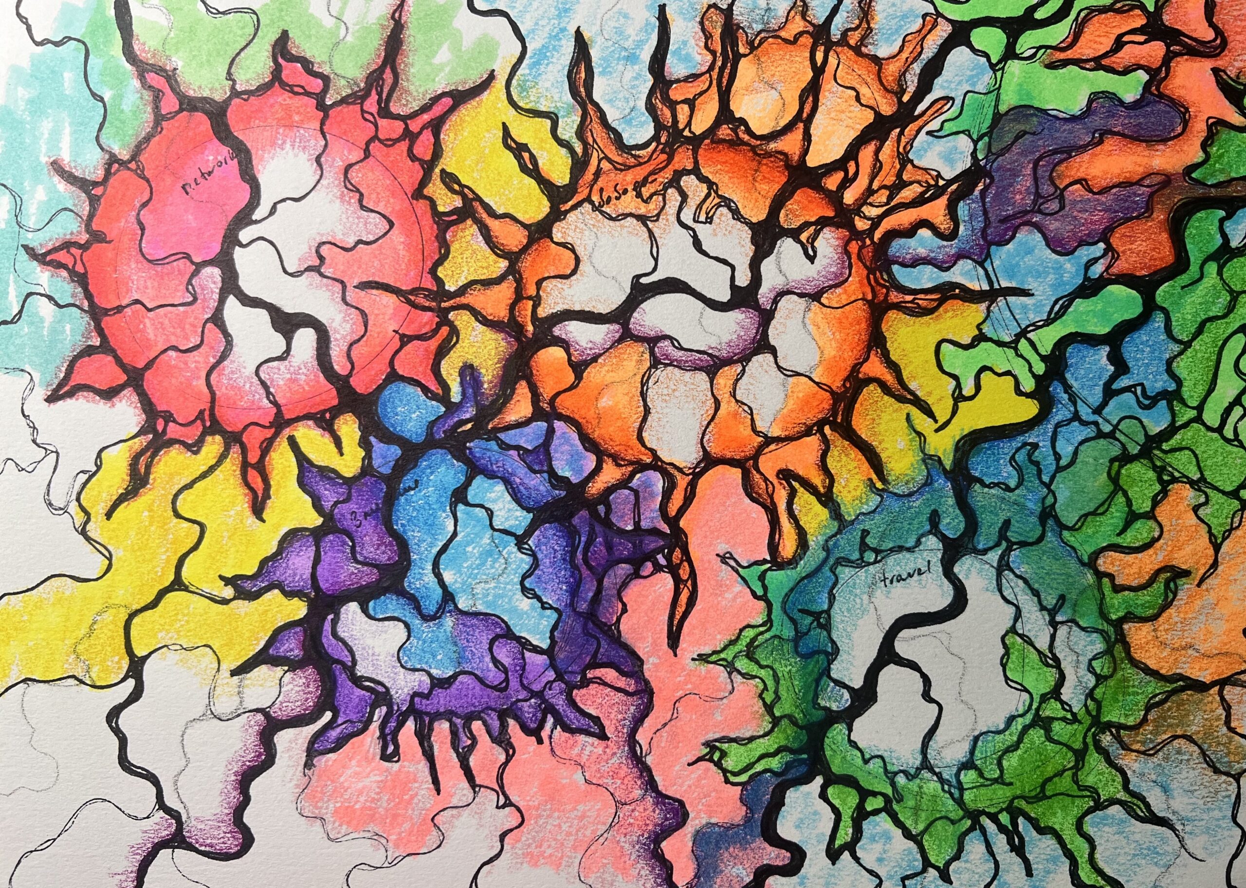 Colorful Neurographica Firework drawing showing emotional shift from stress to motivation and energy.